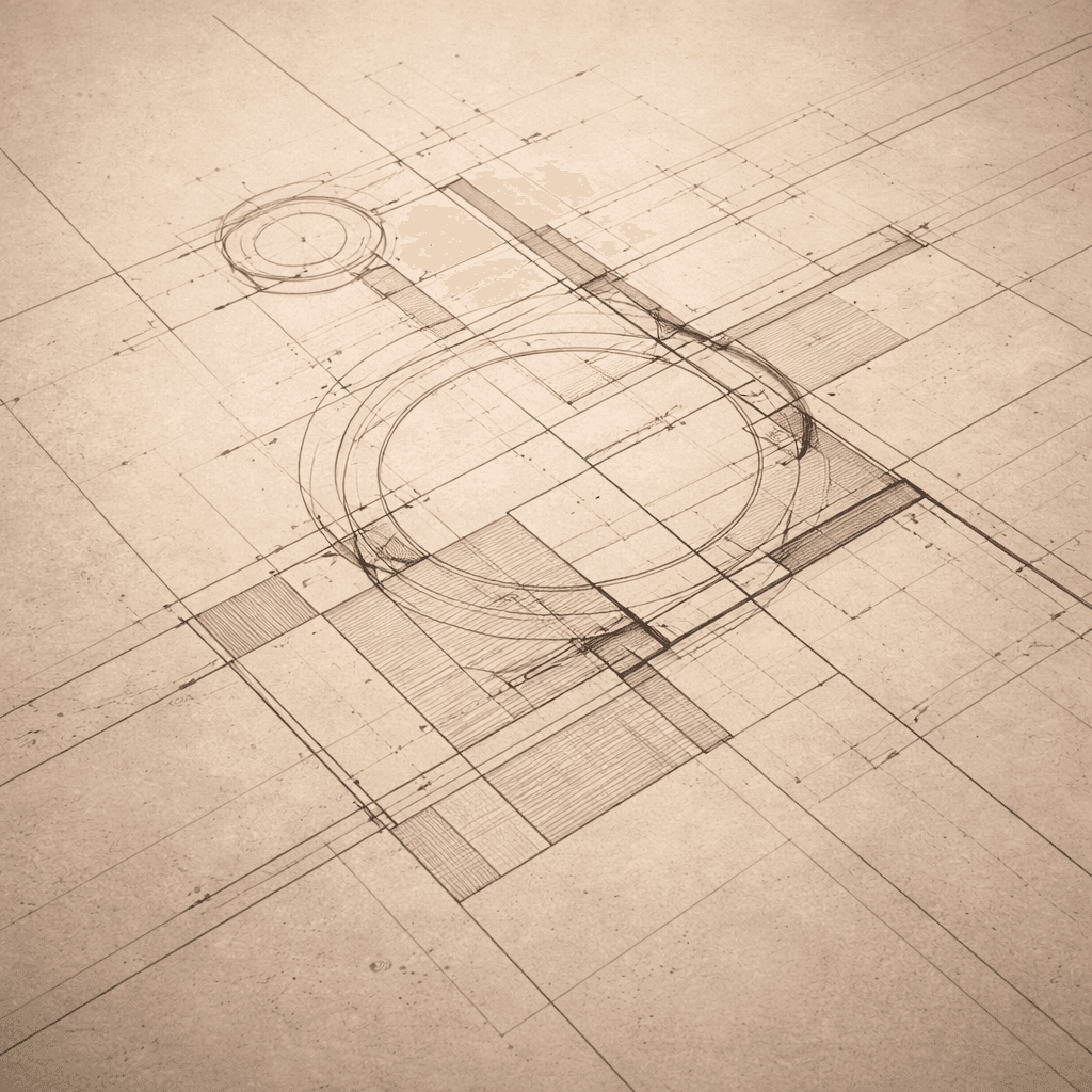 Abstract technical blueprint rendering with geometric shapes
