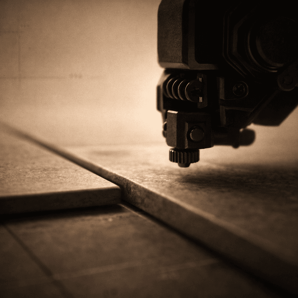 Close-up detail of precision mechanism over tile edge