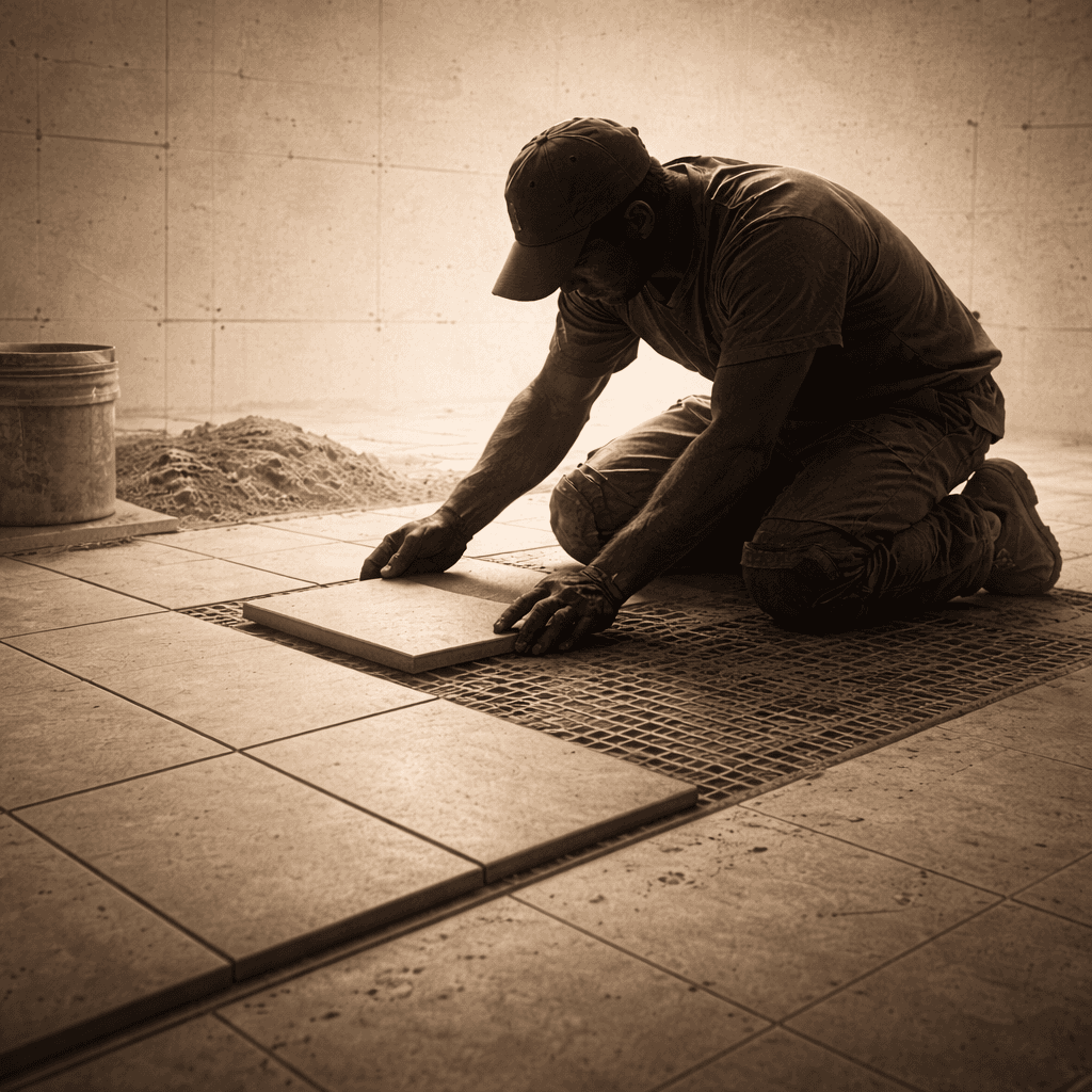 Traditional manual tile installation - worker on knees placing tiles one by one