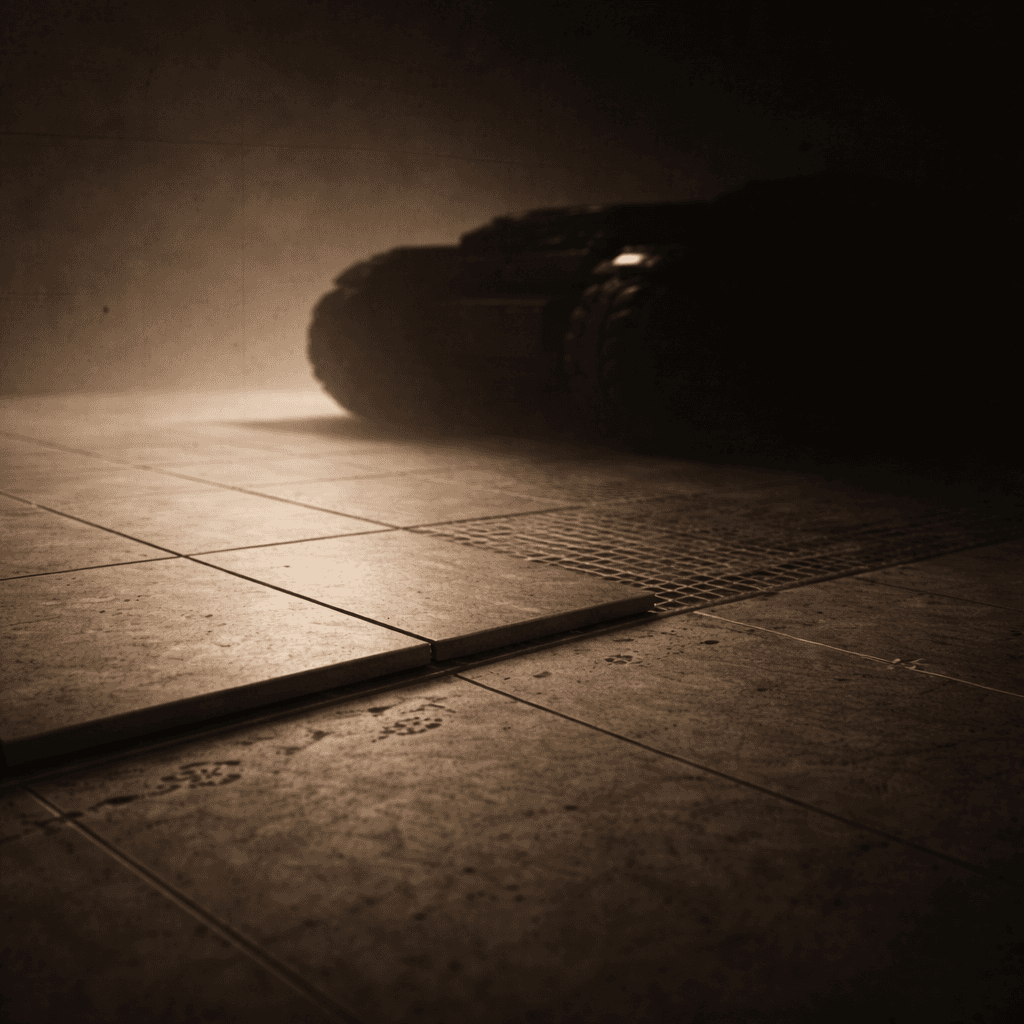 Mysterious obscured form with tile floor in foreground