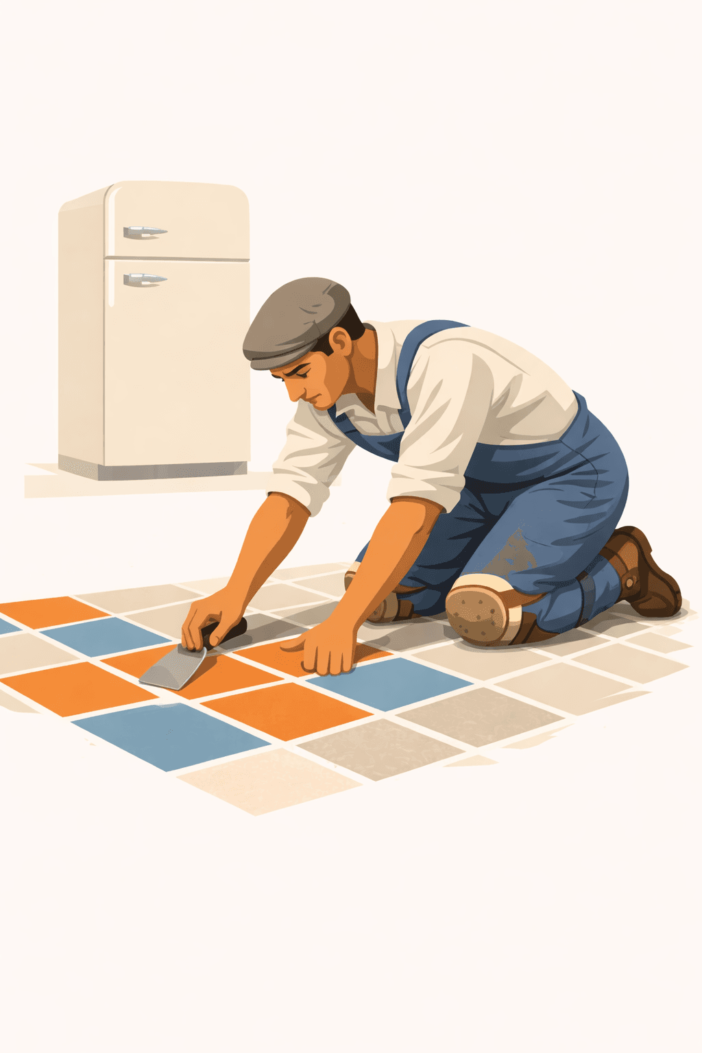 1950s tile installer working on a kitchen floor