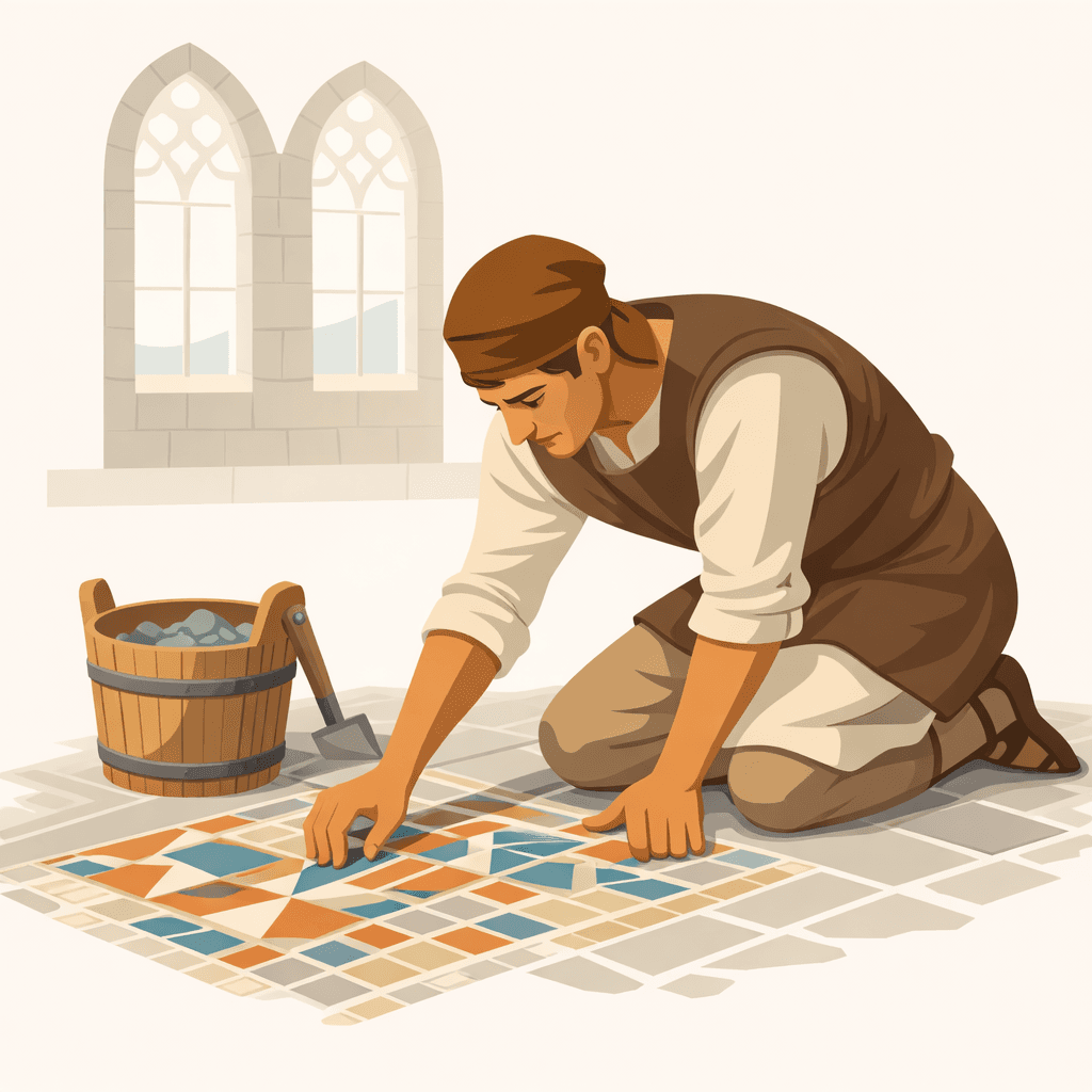 Medieval craftsman laying tiles in a cathedral