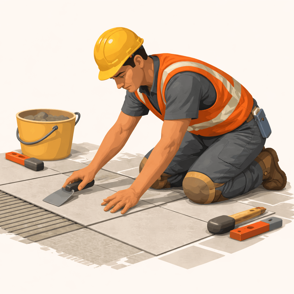 Modern tile worker in the same kneeling position