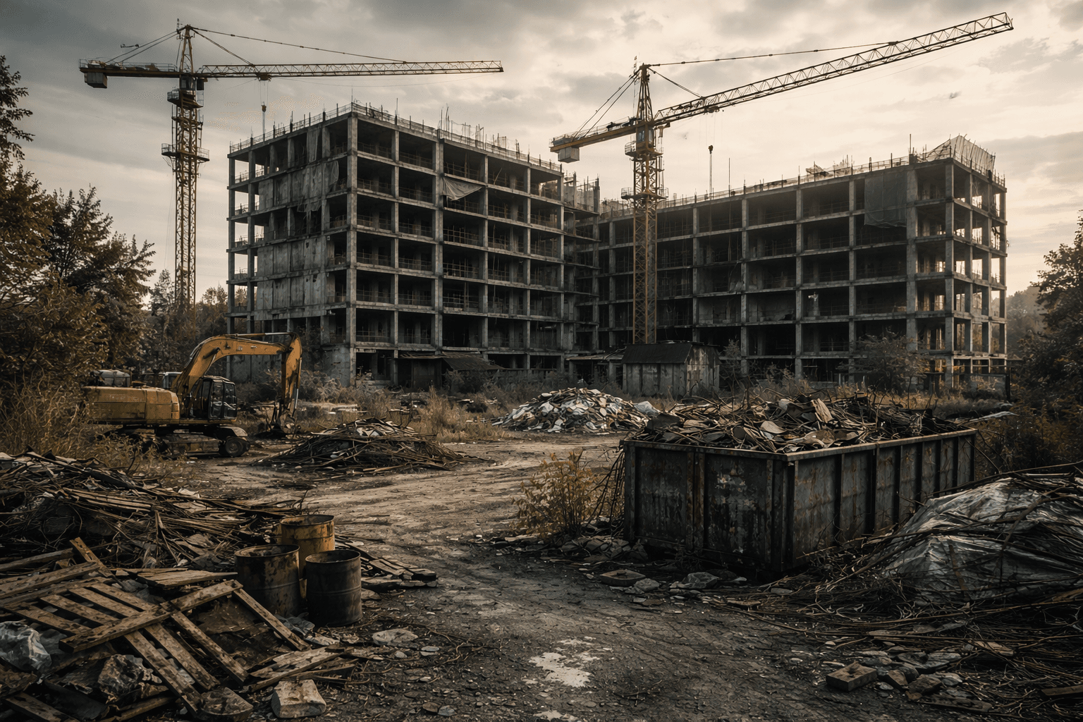 Abandoned commercial construction site due to labor shortages - unfinished building project highlighting the skilled trades crisis